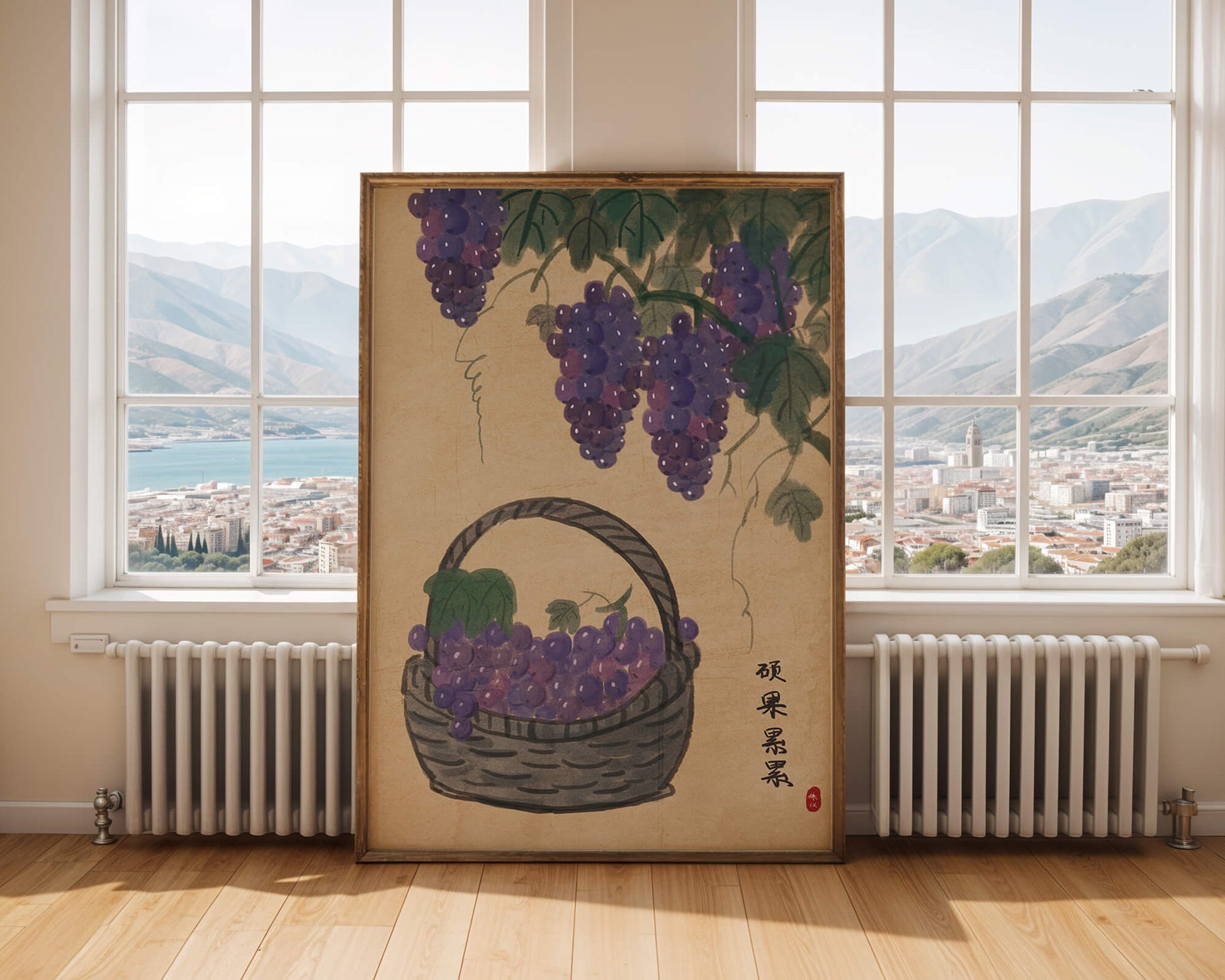 Cesta de uvas con hojas de parra al estilo tradicional