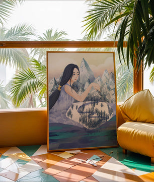 Majestic Woman Overlooking Snowy Mountain Landscape