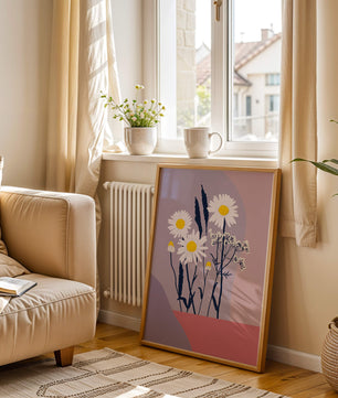 Zarte weiße Gänseblümchen mit gelben Zentren auf modernem Pastell-Hintergrund