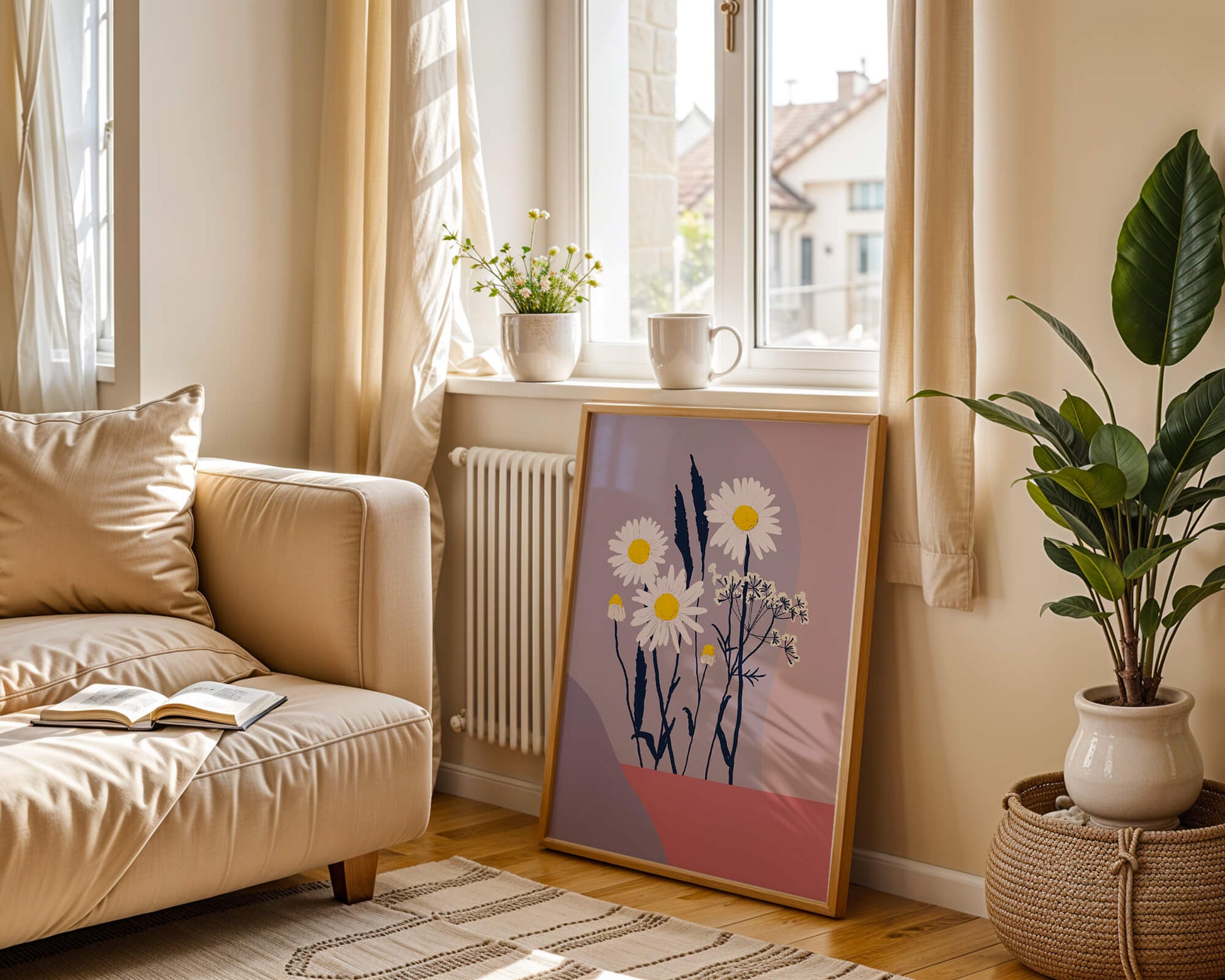 Zarte weiße Gänseblümchen mit gelben Zentren auf modernem Pastell-Hintergrund