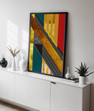 Abstract geometric design with gold accents and vibrant colors