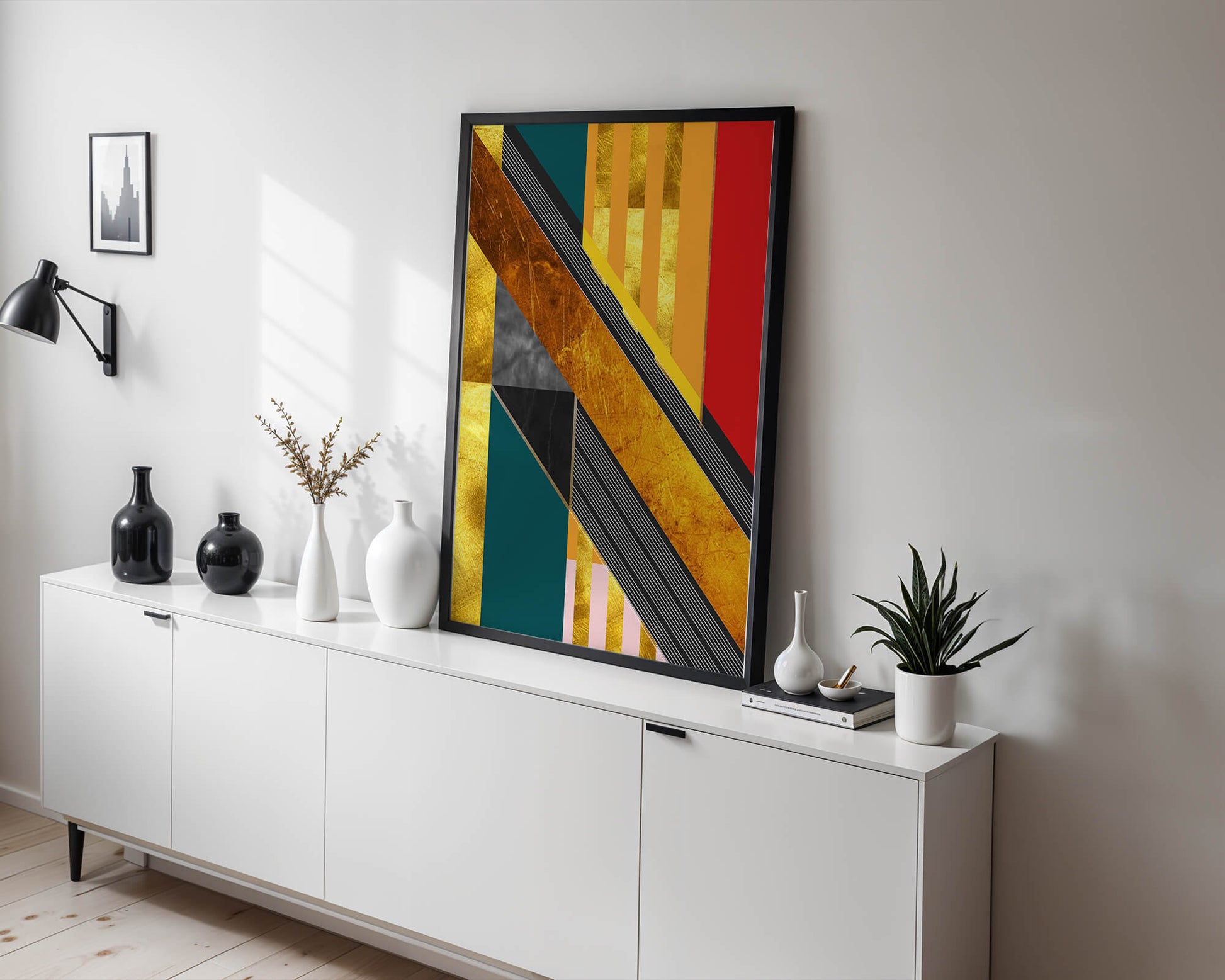 Abstract geometric design with gold accents and vibrant colors