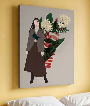 Elegant woman illustration with floral background in earthy tones