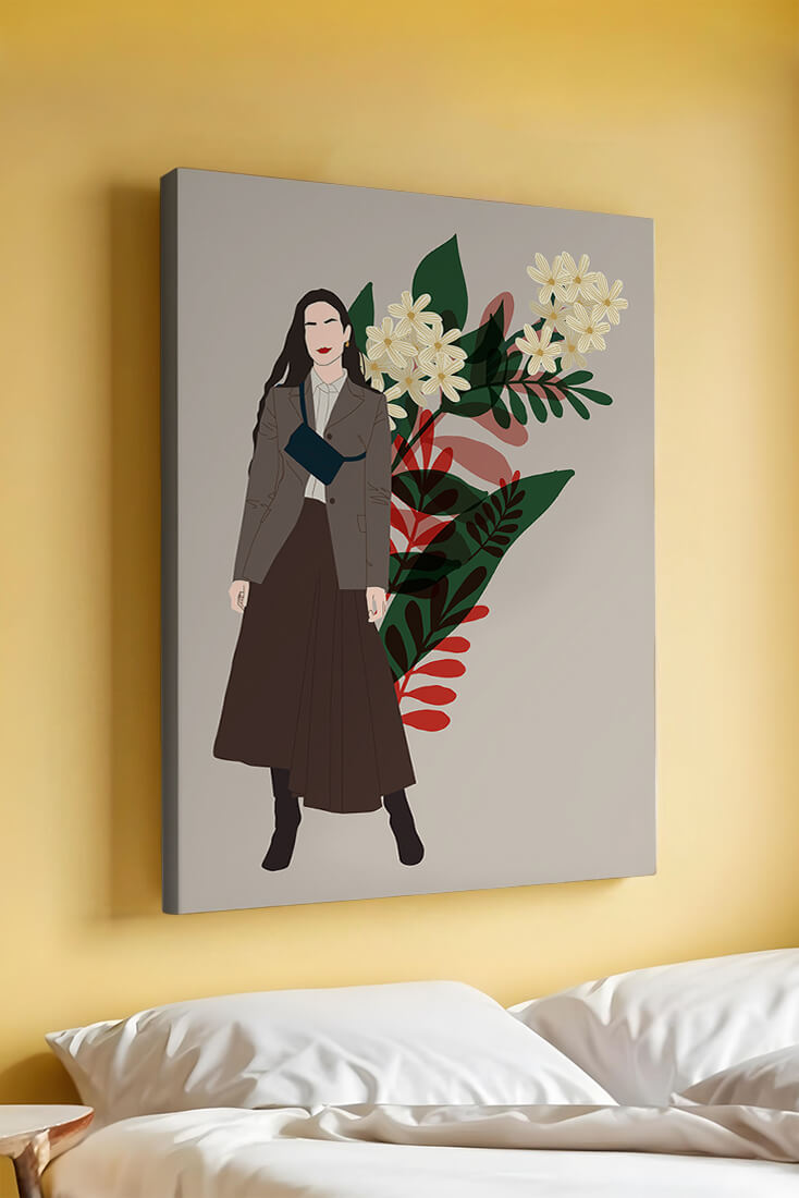Elegant woman illustration with floral background in earthy tones