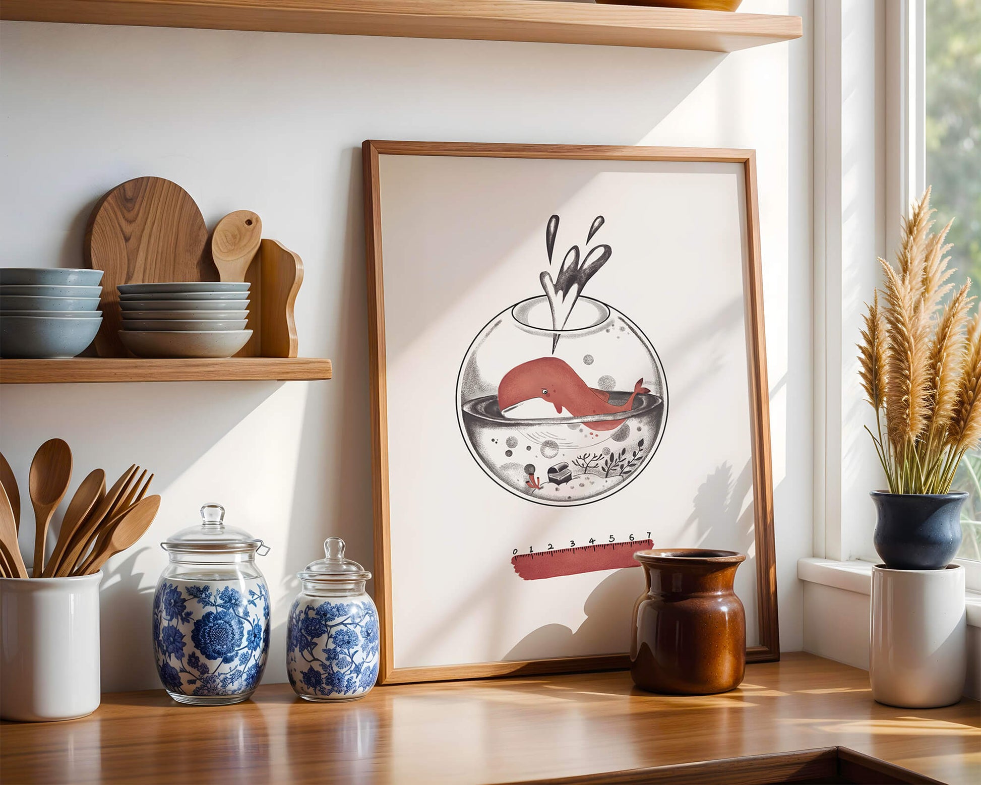 Illustration of a whale inside a fishbowl with a pink ruler