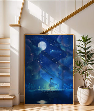 Cielo nocturno soñador con figura danzante y luz de luna brillante
