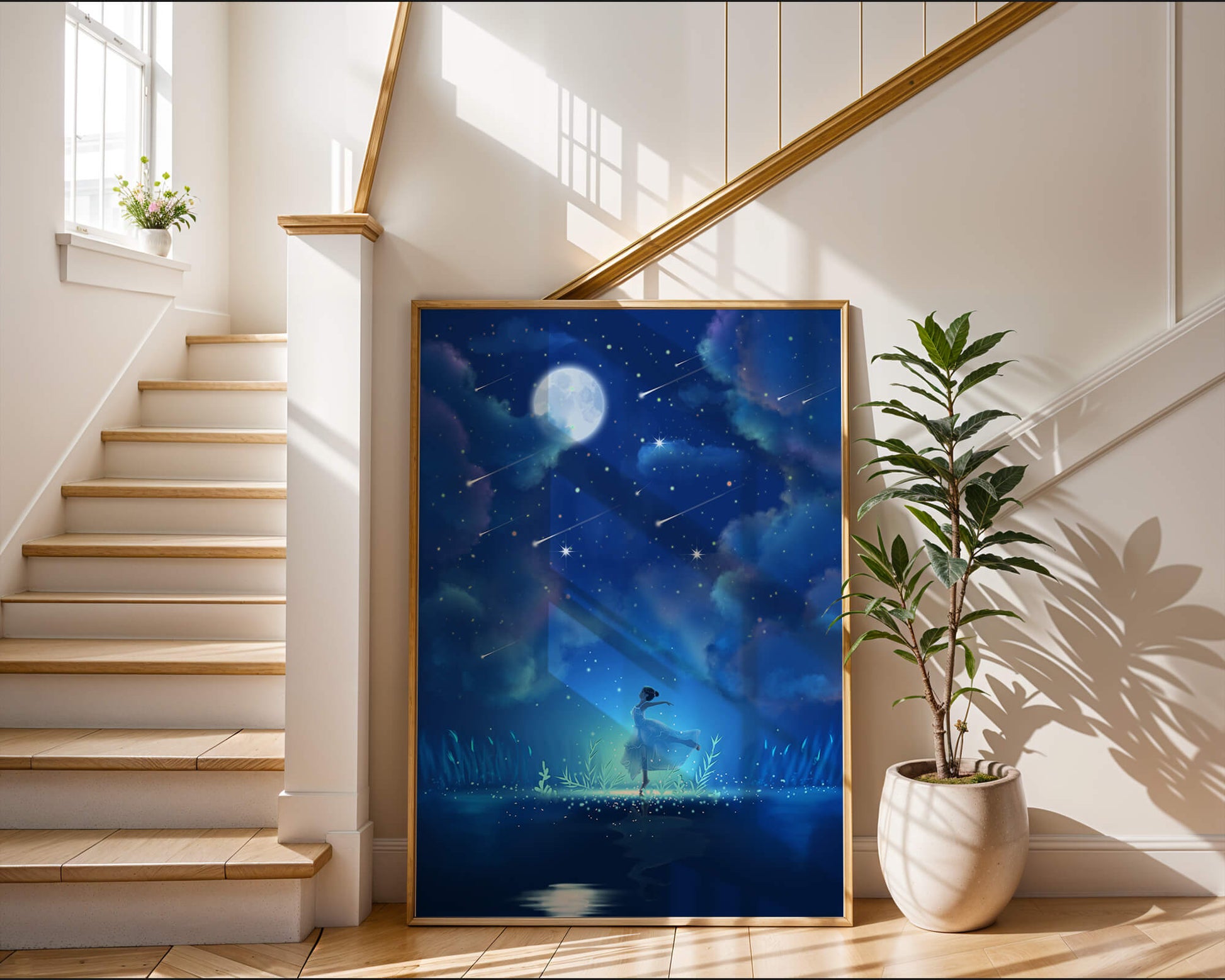 Cielo nocturno soñador con figura danzante y luz de luna brillante