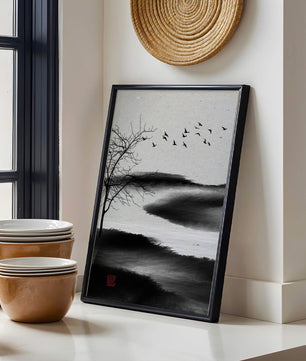 Minimalist Landscape with Silhouetted Tree and Birds