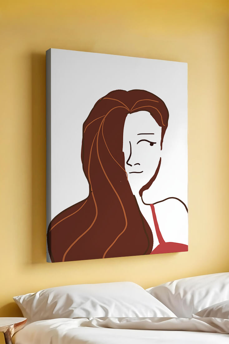 Ilustración estilizada de una mujer con cabello fluyendo y diseño minimalista