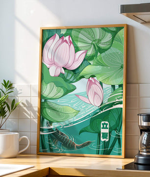 Illustration nature sereine avec fleurs de lotus et vie aquatique