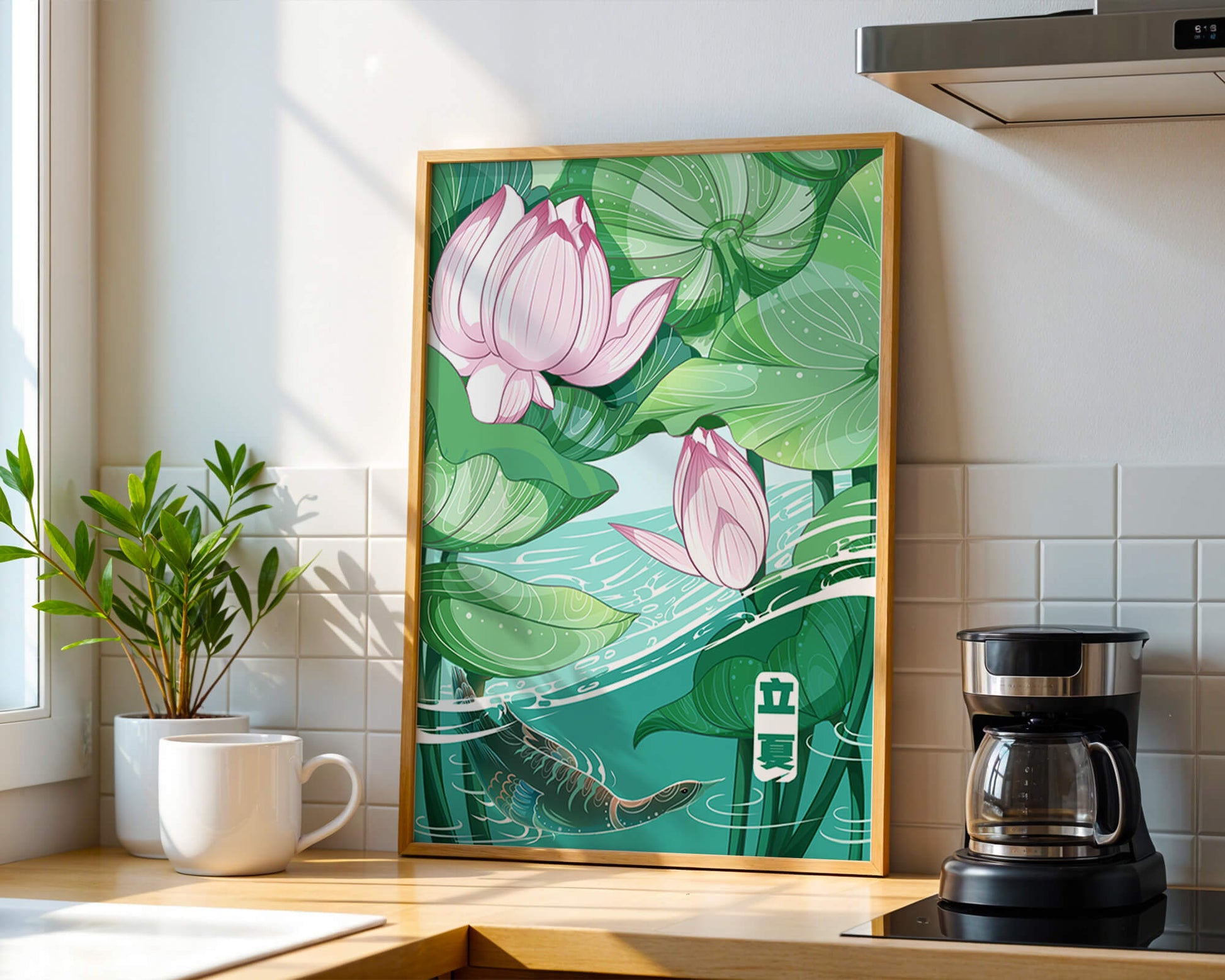 Ilustración de la naturaleza serena con flores de loto y vida acuática