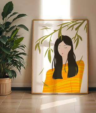 Illustration d'une femme en pull orange avec un fond de feuillage