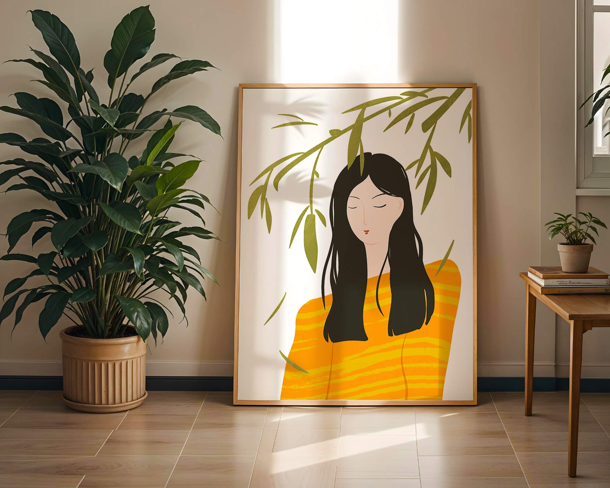 Woman in orange sweater with foliage backdrop illustration