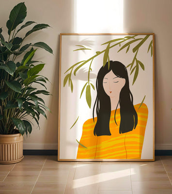 Woman in orange sweater with foliage backdrop illustration