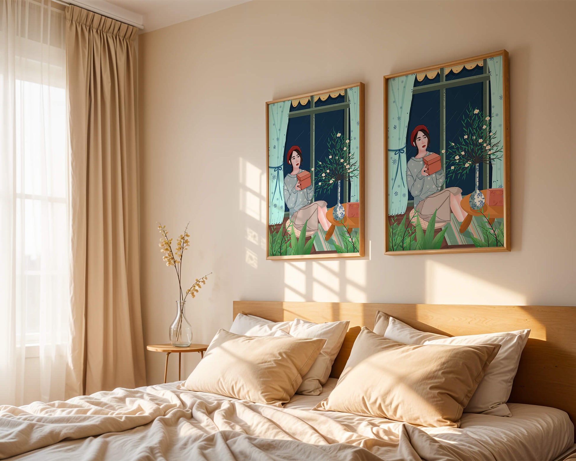 Mujer sosteniendo una caja de regalo en un interior acogedor con flores y ventana lluviosa