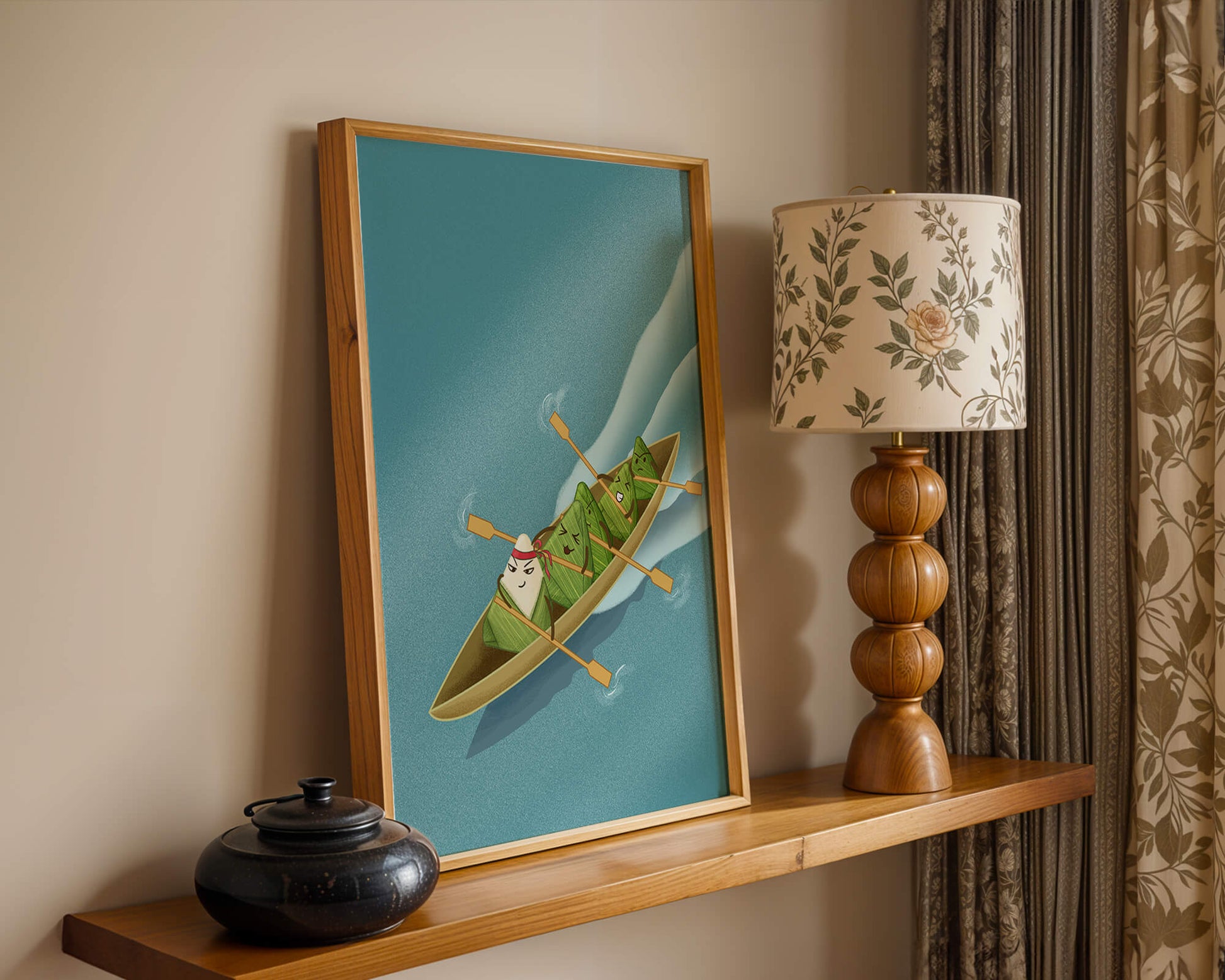 Charming illustration of rice dumplings rowing a boat with expressions