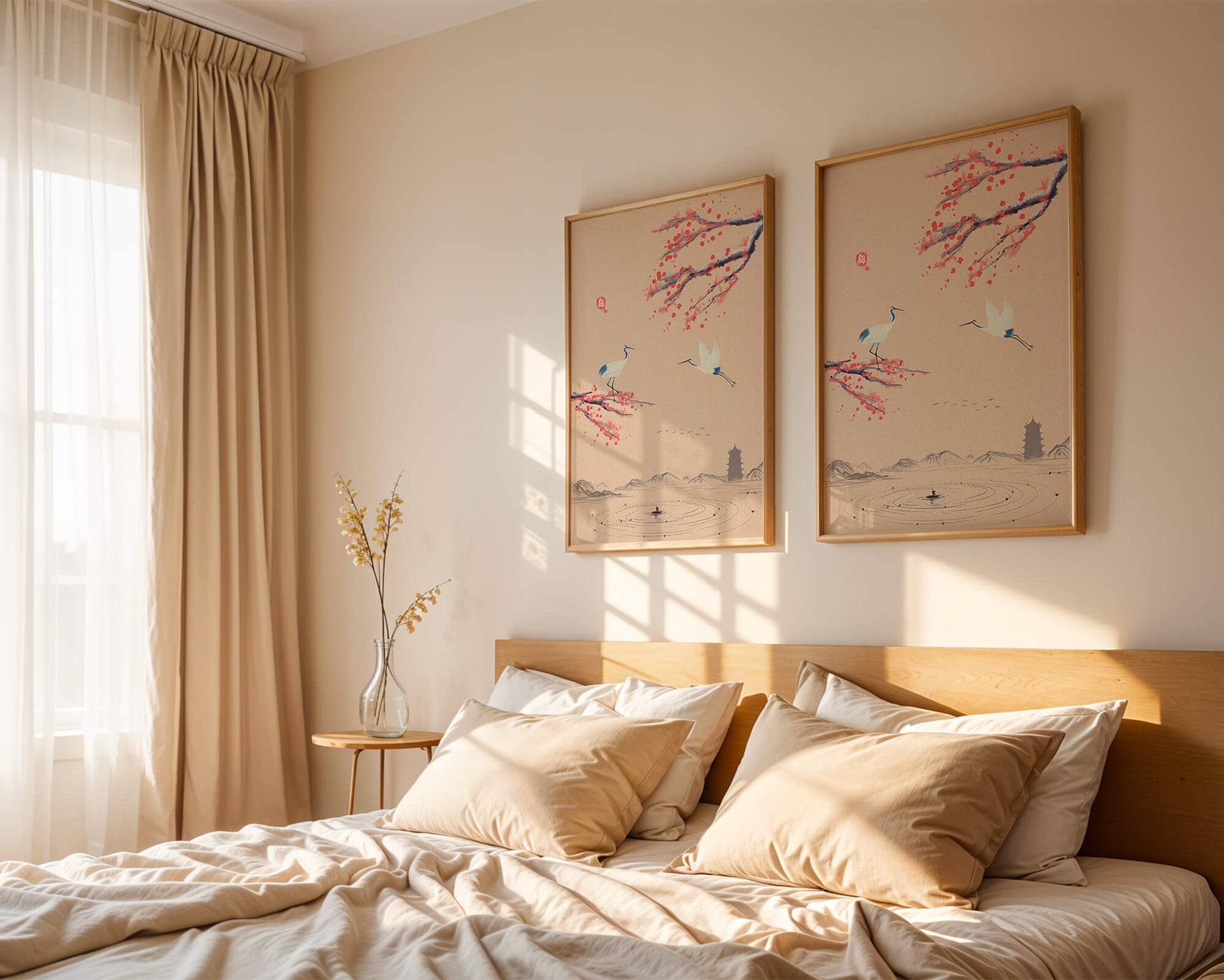 Elegant Asian landscape with cranes and cherry blossom branches