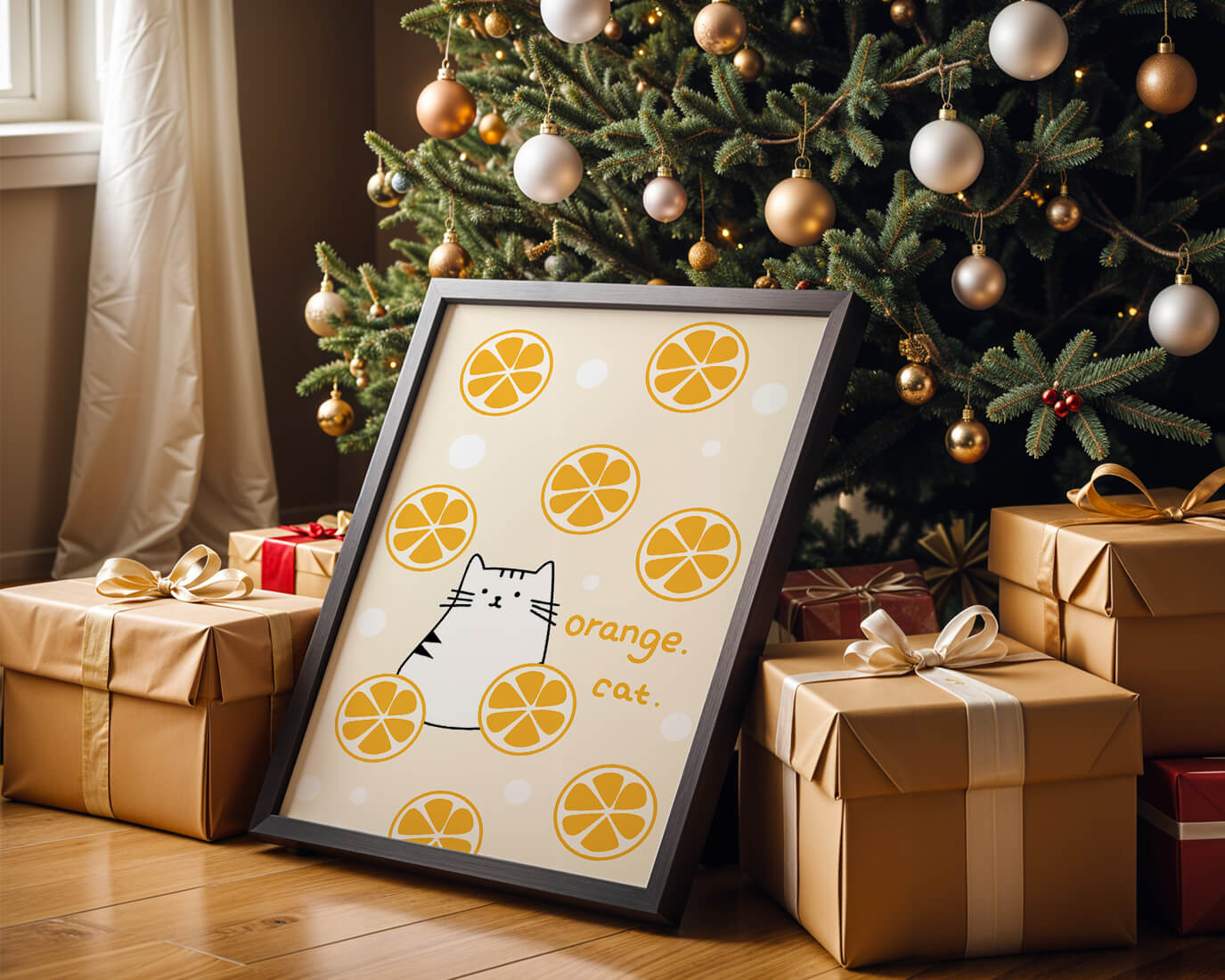 Playful illustration featuring a cat and orange slices