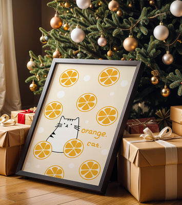 Playful illustration featuring a cat and orange slices
