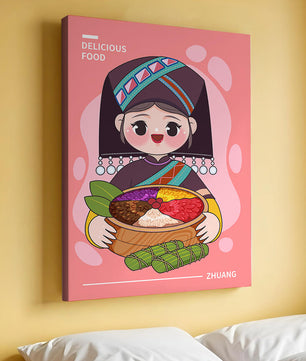 Personnage de dessin animé charmant en tenue traditionnelle tenant un panier de nourriture coloré