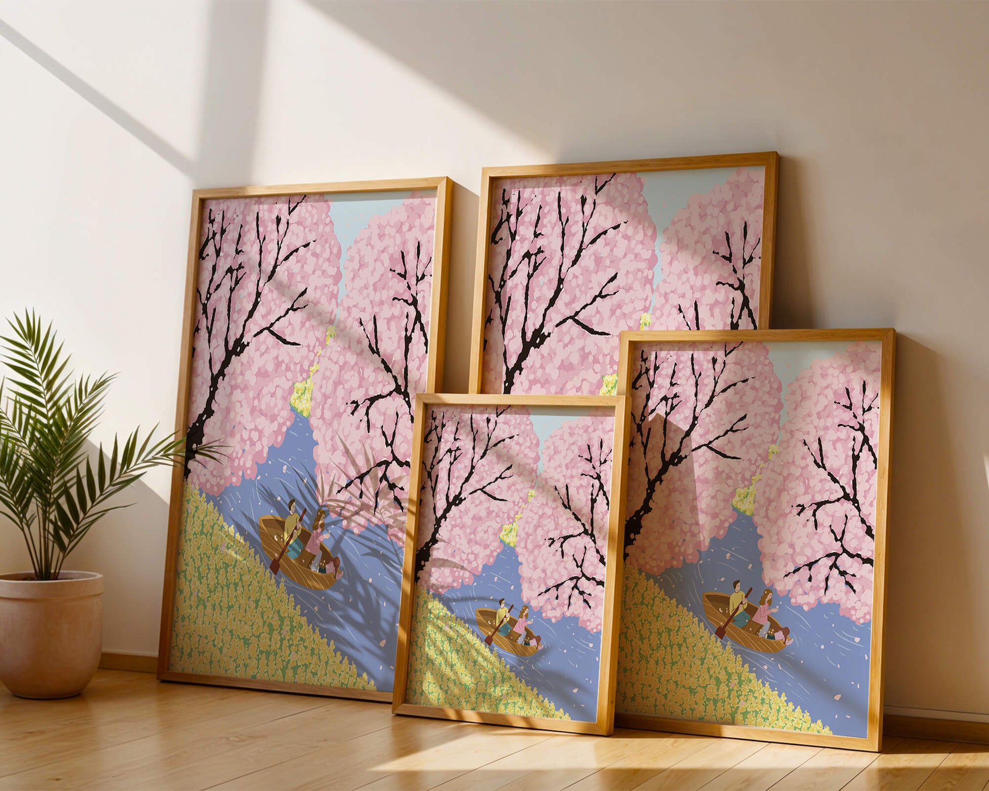 Family Rowing on Serene River with Cherry Blossoms