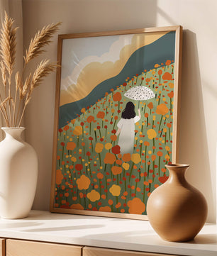 Woman with Umbrella in Blooming Field on a Sunny Day