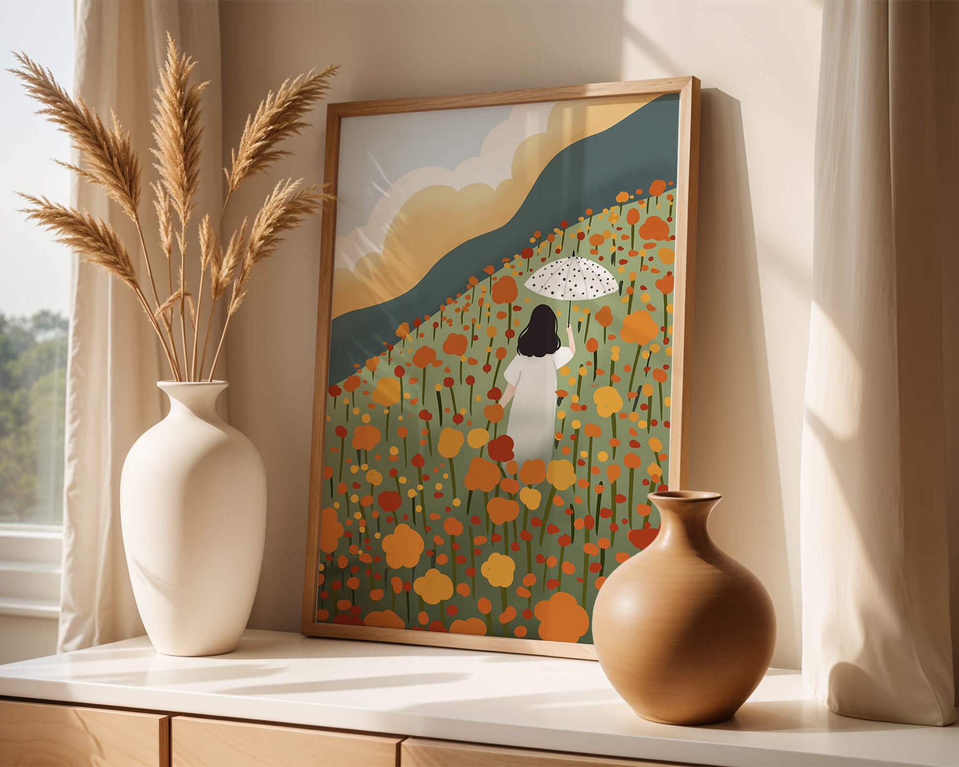 Woman with Umbrella in Blooming Field on a Sunny Day