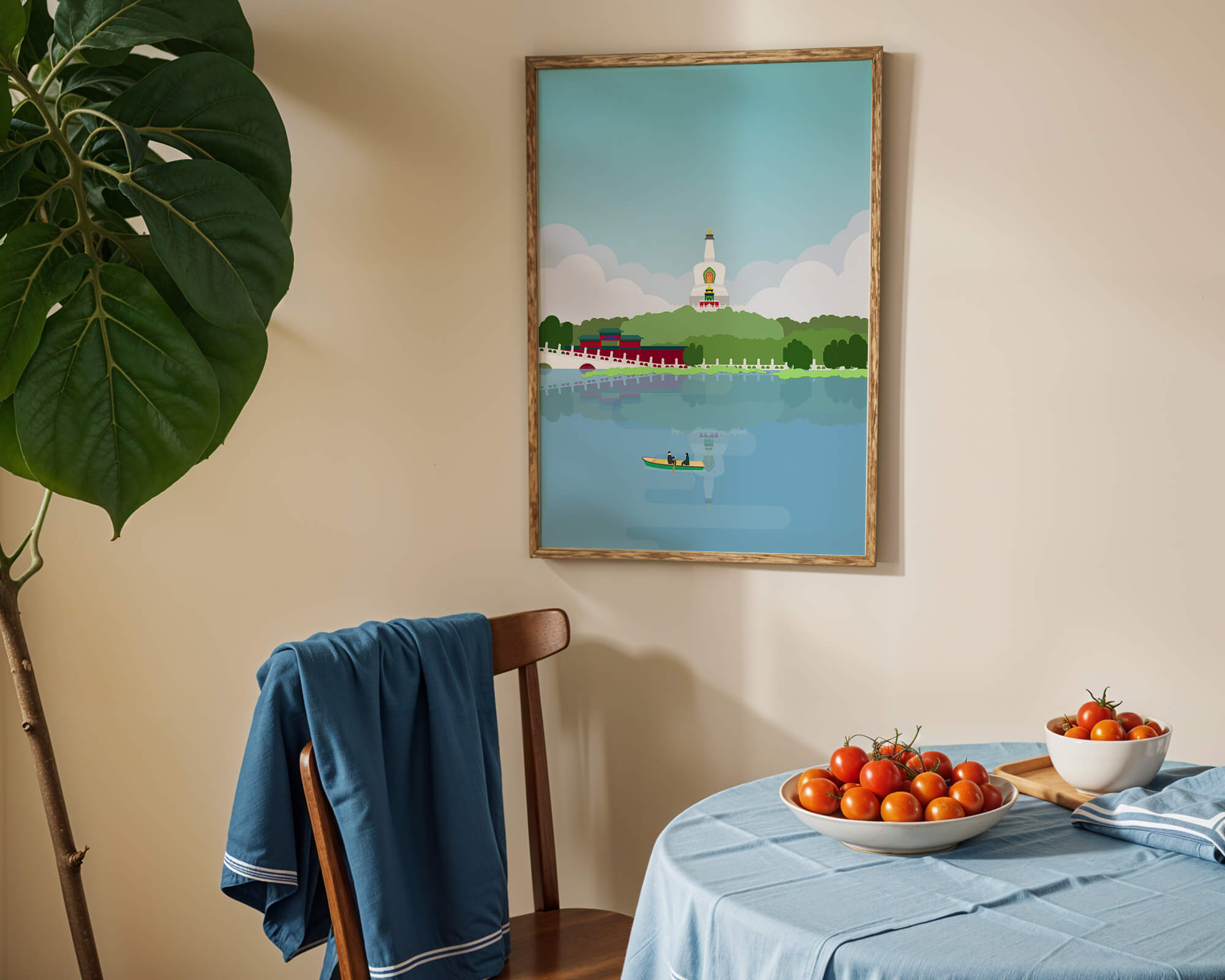 Serene lake scene with pagoda and rowing boat