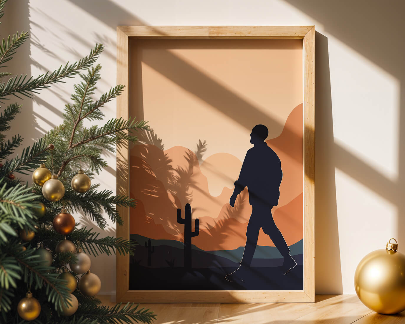 Silhouetted figure walking in desert landscape at sunset