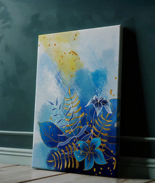 Floral illustration with blue leaves and golden accents on abstract background