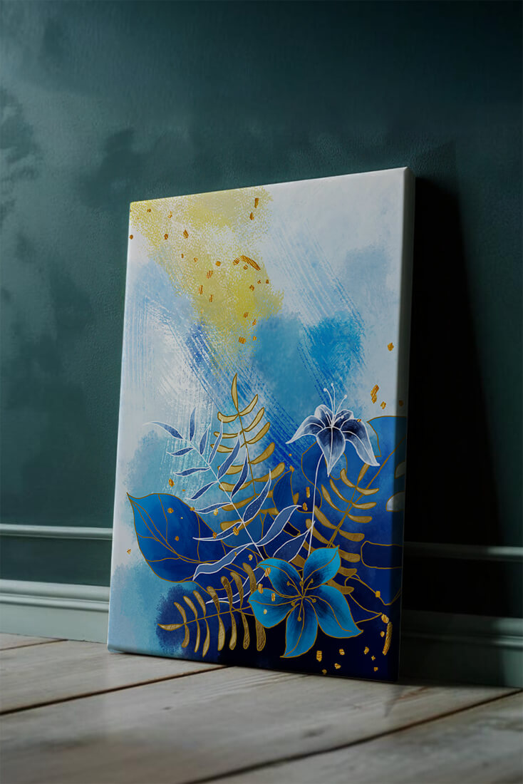 Floral illustration with blue leaves and golden accents on abstract background