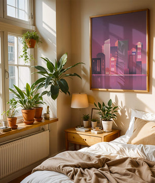 Modern Abstract Cityscape at Sunset with Reflective Water - Mi tienda