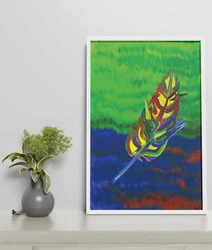 Abstract colorful feather on vibrant background