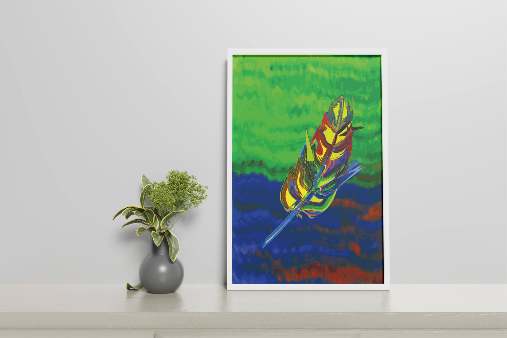 Abstract colorful feather on vibrant background