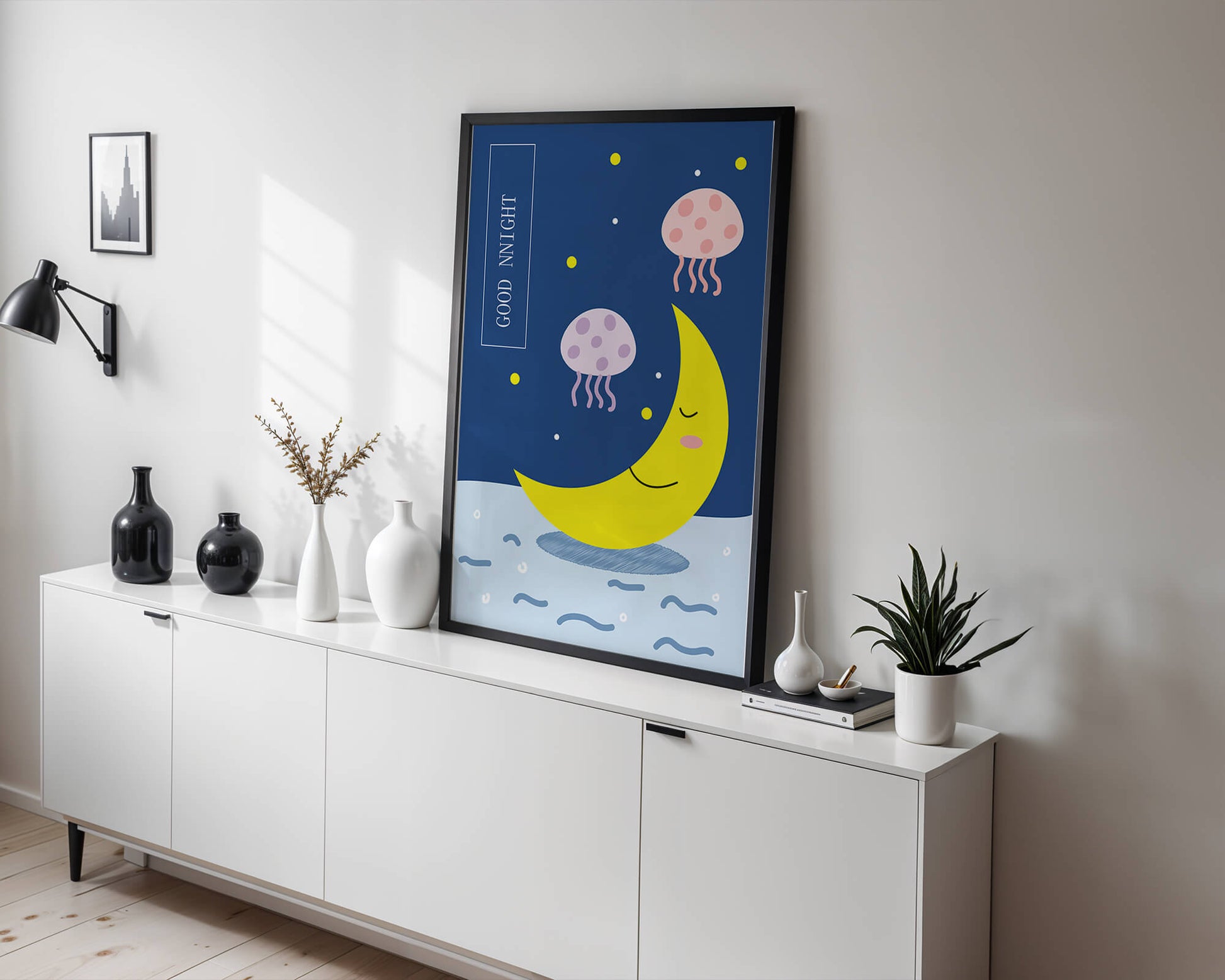 Whimsical night scene with a smiling moon and playful jellyfish