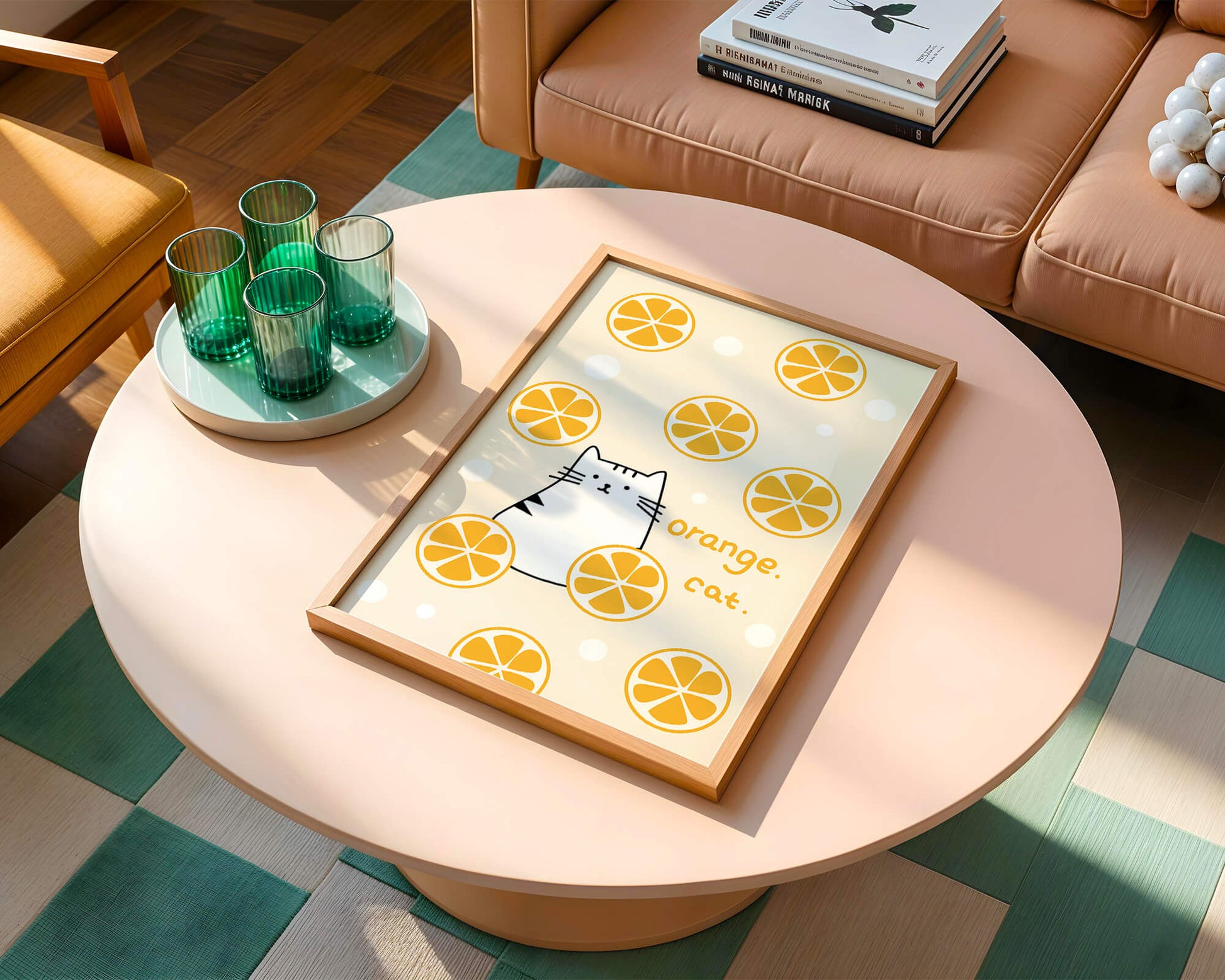 Playful illustration featuring a cat and orange slices