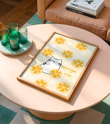 Playful illustration featuring a cat and orange slices