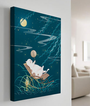 Adorable ilustración de un gato relajándose en un jardín iluminado por la luna con linterna