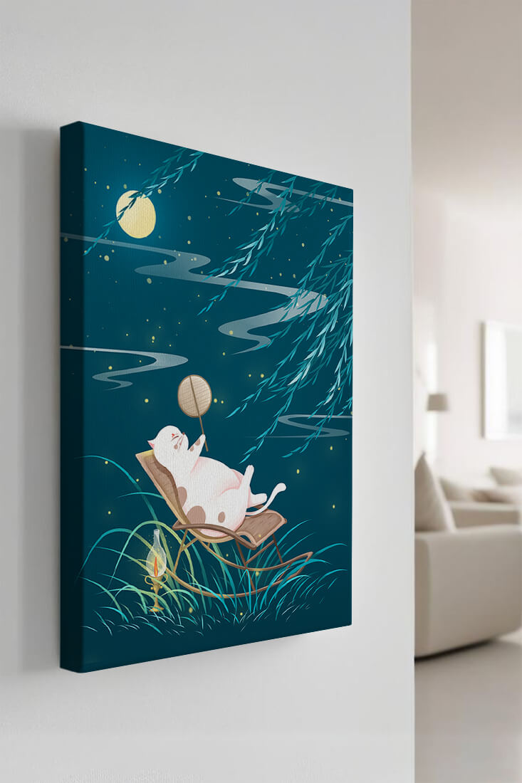 Adorable ilustración de un gato relajándose en un jardín iluminado por la luna con linterna