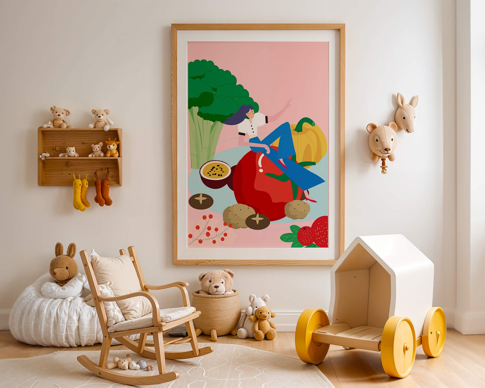 Ilustración de una mujer rodeada de verduras y frutas vibrantes.