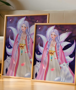 Fantasy art of ethereal figure with foxes and petals