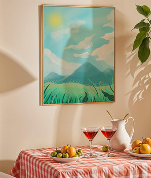 Sunny Day Overlooking a Mountain Landscape with Rolling Hills and Blue Sky