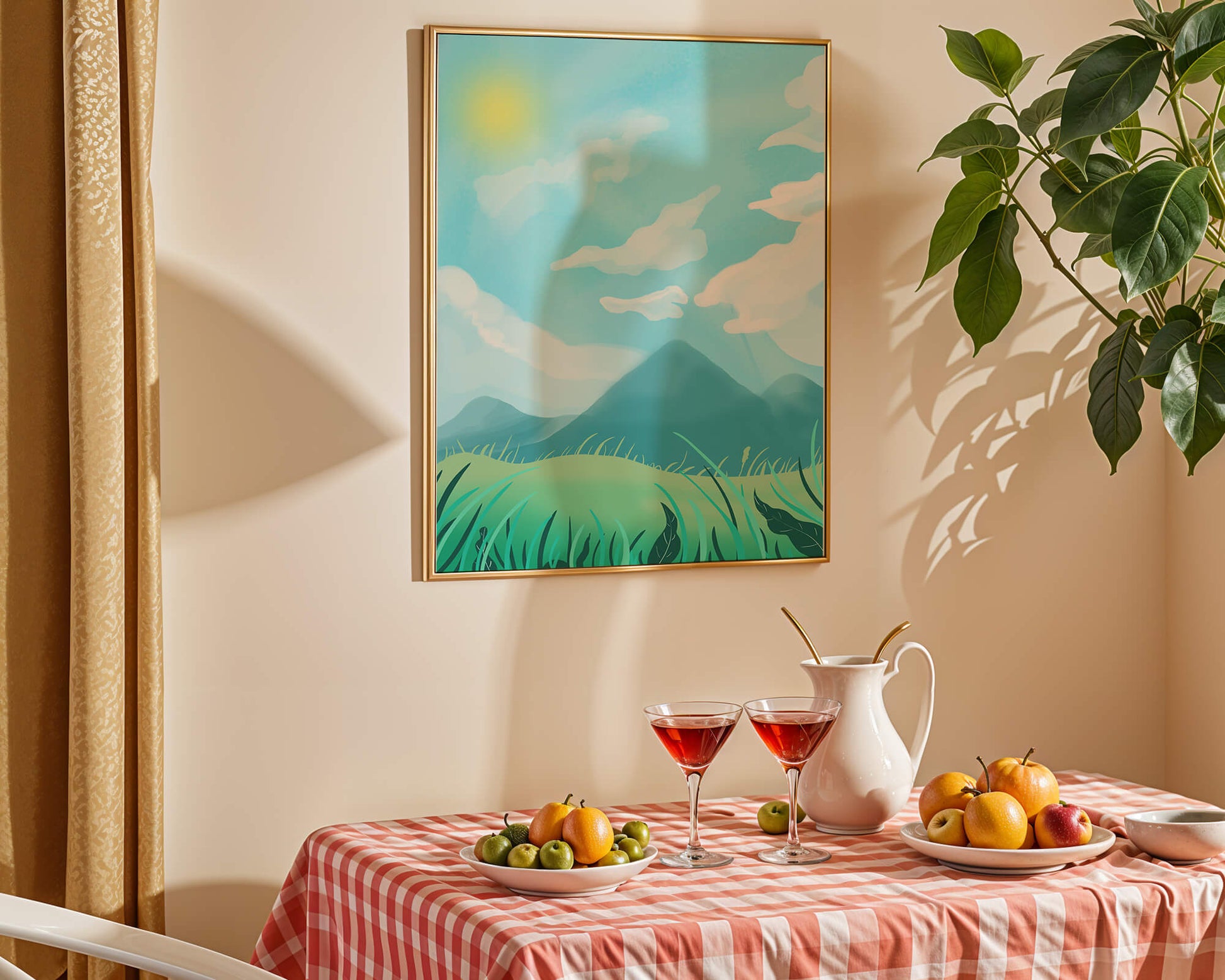 Sunny Day Overlooking a Mountain Landscape with Rolling Hills and Blue Sky