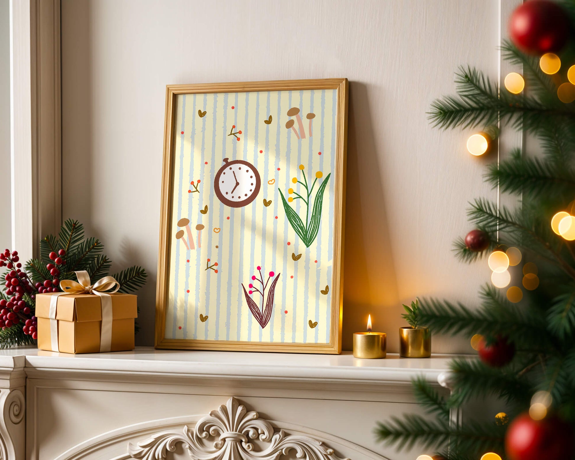 Whimsical pattern with clock, mushrooms, and florals on striped background
