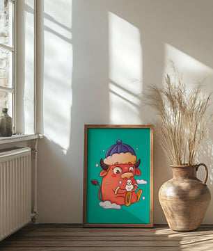 Winter cow cartoon with snowman on turquoise background