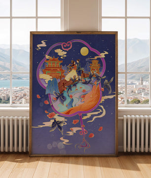 Escena nocturna oriental romántica con pareja y pagodas bajo la luz de la luna