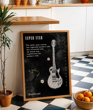 Ilustración de guitarra en blanco y negro artística con texto conmovedor