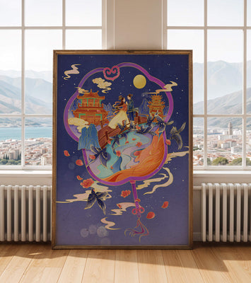 Romantic oriental night scene with couple and pagodas under moonlight