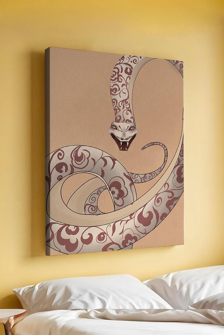 Elegant coiled snake with floral patterns in an artistic composition