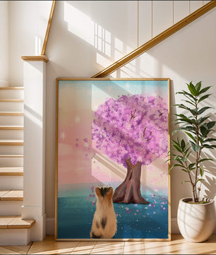 Serene scene with cat and blossoming cherry tree at sunrise